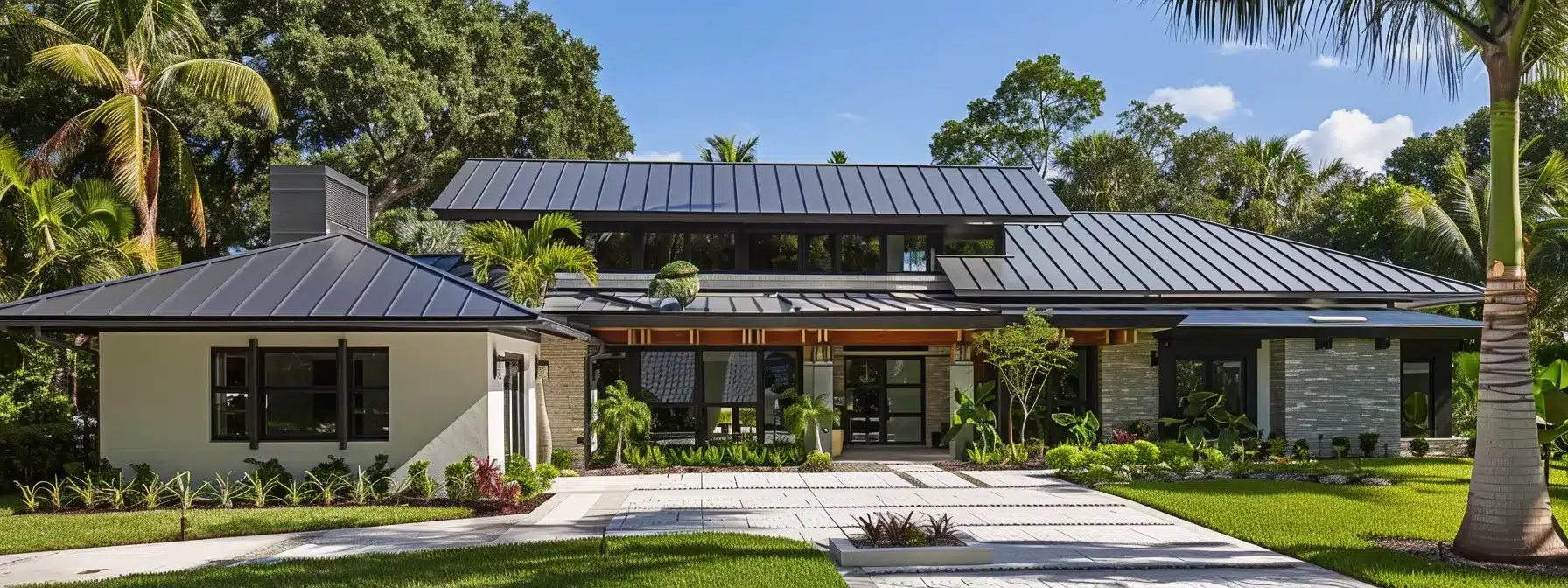 a modern, sleek metal roof adorning a florida home, shining under the bright sun, showcasing durability and energy efficiency.