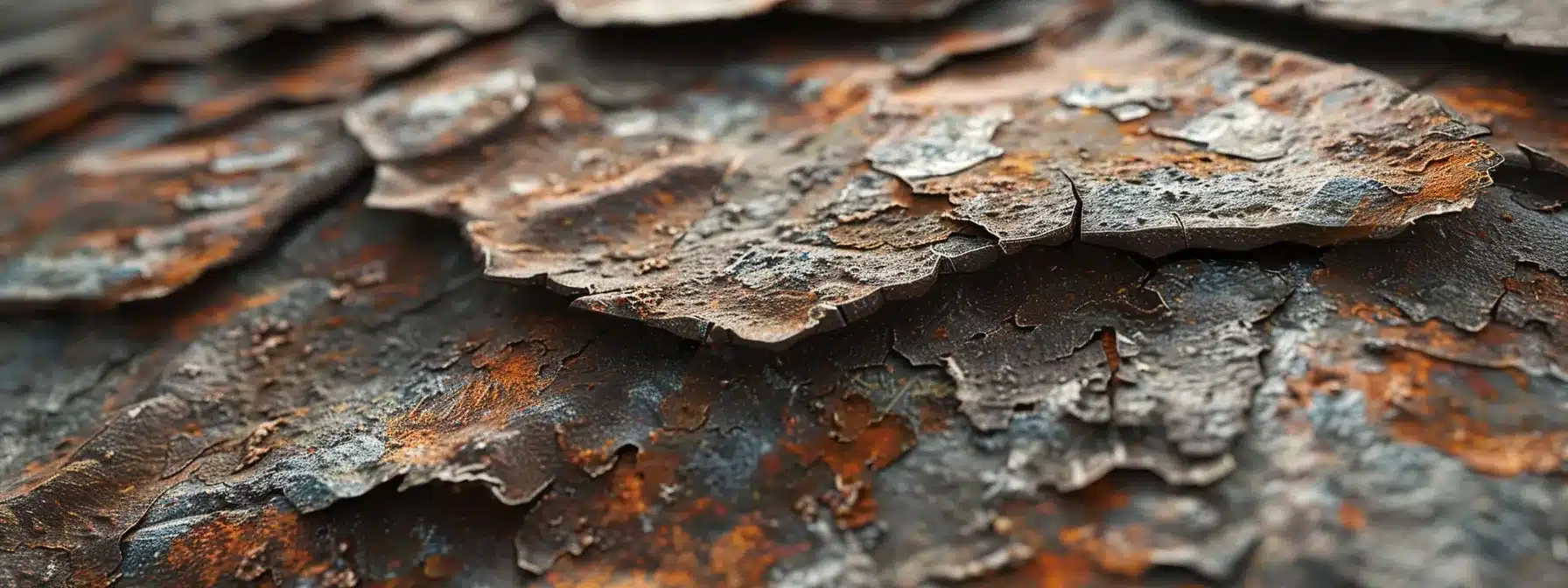 a close-up photo of a rusty metal roof with peeling paint and visible corrosion, highlighting the urgency of addressing rust issues immediately.