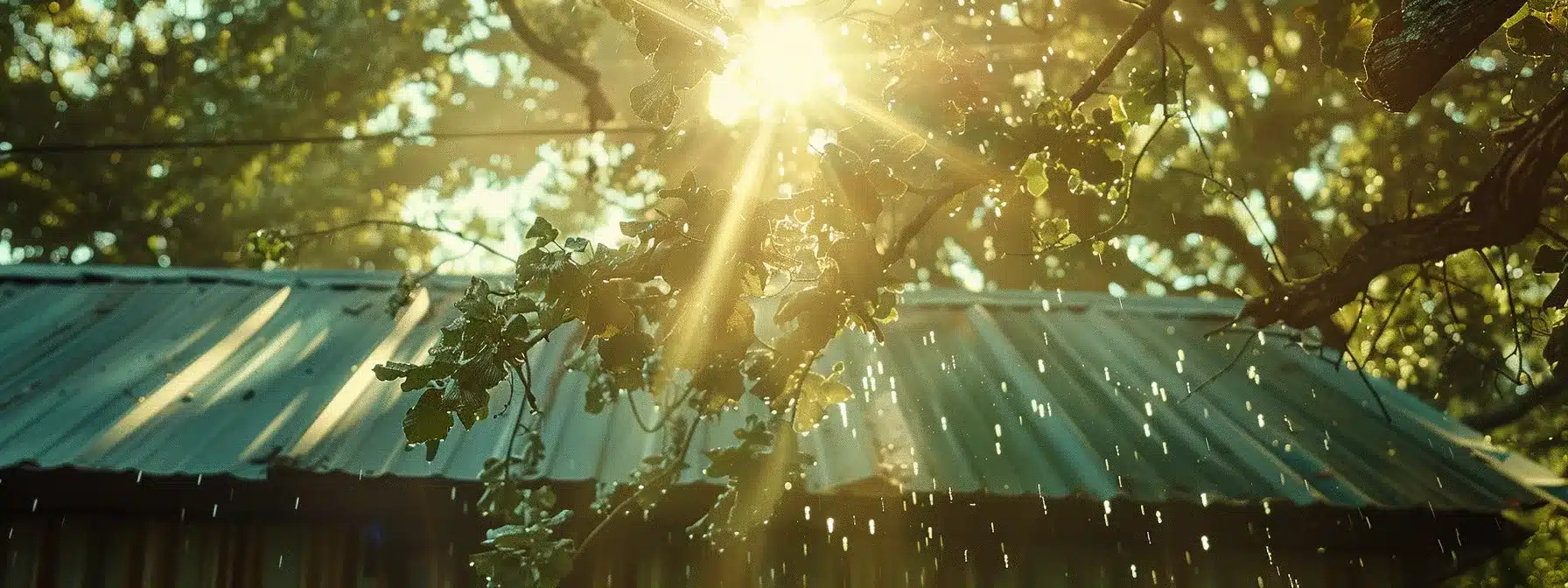 a metal roof glistening under the bright florida sun, with a well-designed drainage system efficiently directing rainwater away.