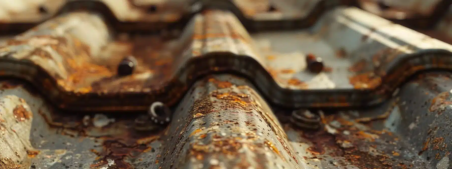 a close-up photo of a florida metal roof with rusted tiles, loose fasteners, and damaged flashings, showcasing the need for thorough inspection and maintenance.