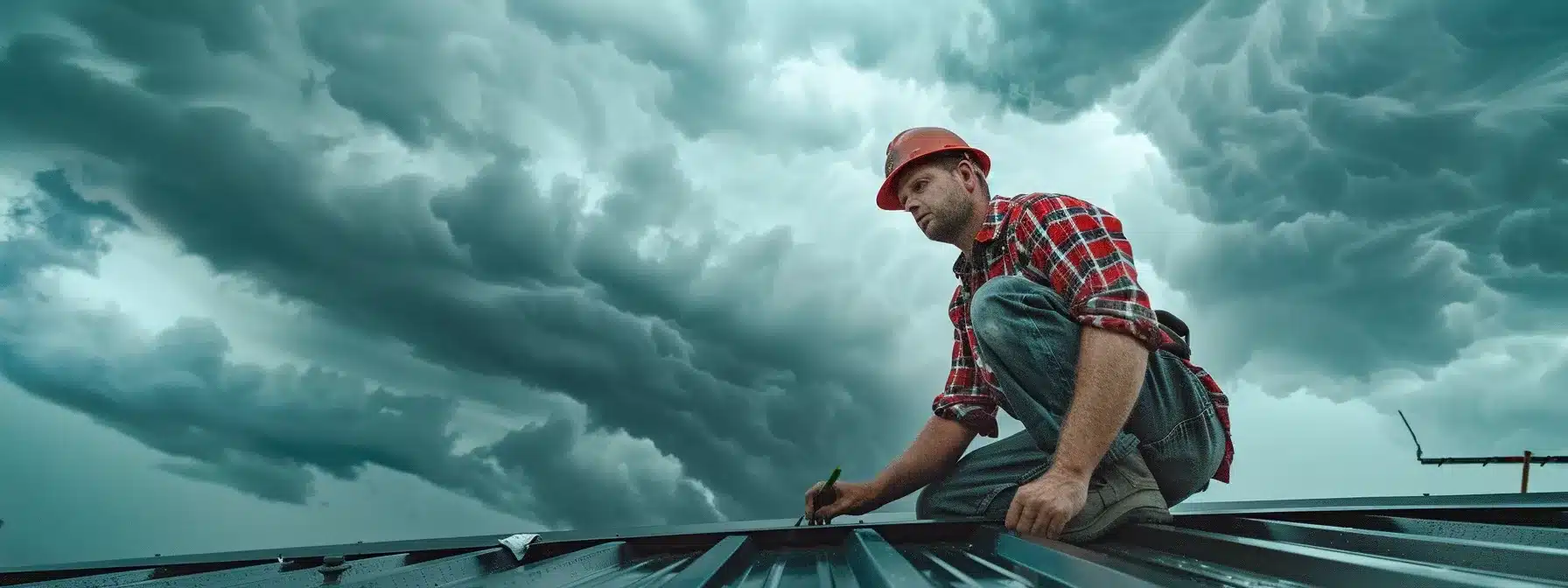 a skilled metal roofing contractor inspecting and repairing a sturdy roof under ominous, stormy skies.