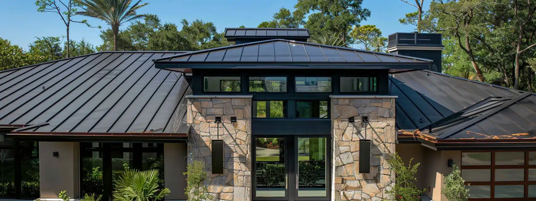 a modern florida home with a sleek, stone-coated steel roof glistening in the sunlight, showcasing its durability and environmental benefits.