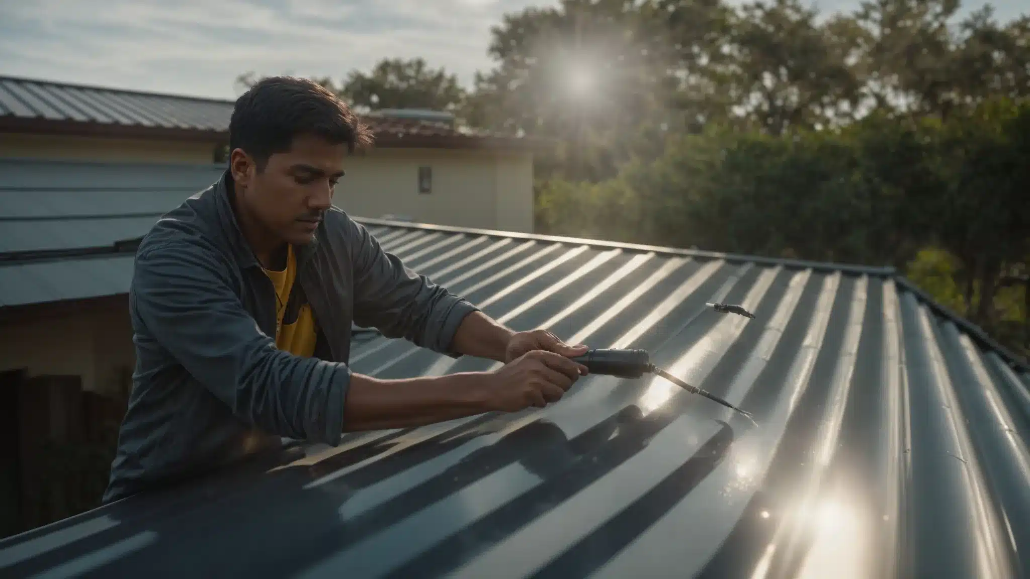a homeowner on a metal roof in florida carefully applies sealant to a leak, surrounded by tools and patches on a sunny day.