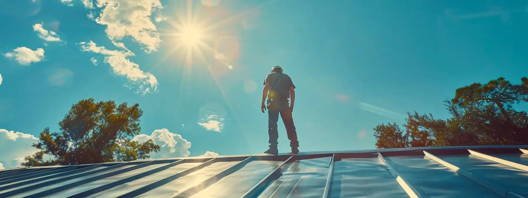 a skilled roofer inspecting a metal roof for leaks under the bright florida sun.