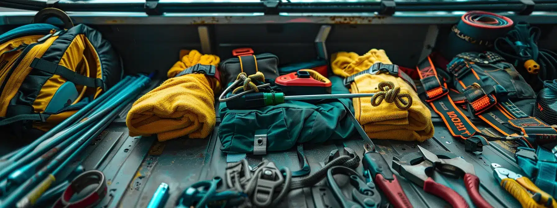 a roofer in florida carefully organizing safety gear and tools before a metal roof inspection.