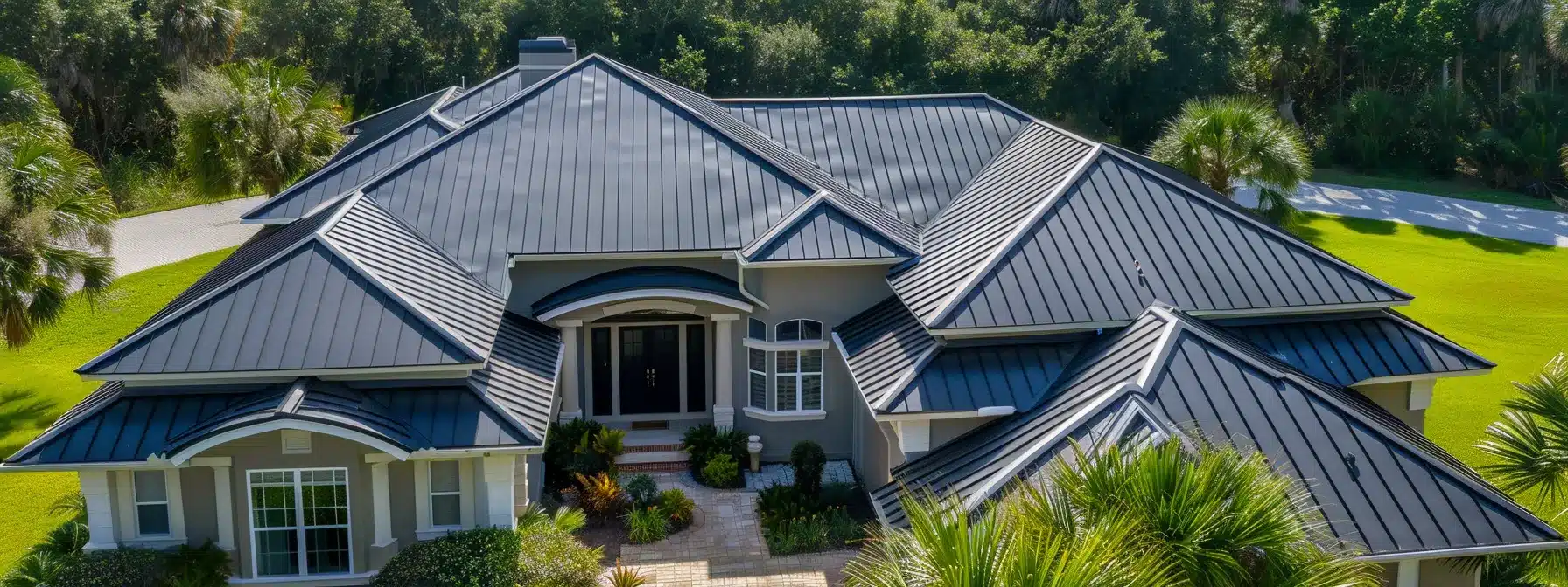 a skilled metal roofing contractor meticulously installing custom metal roofing on a sunny florida home, ensuring a long-lasting and secure investment.