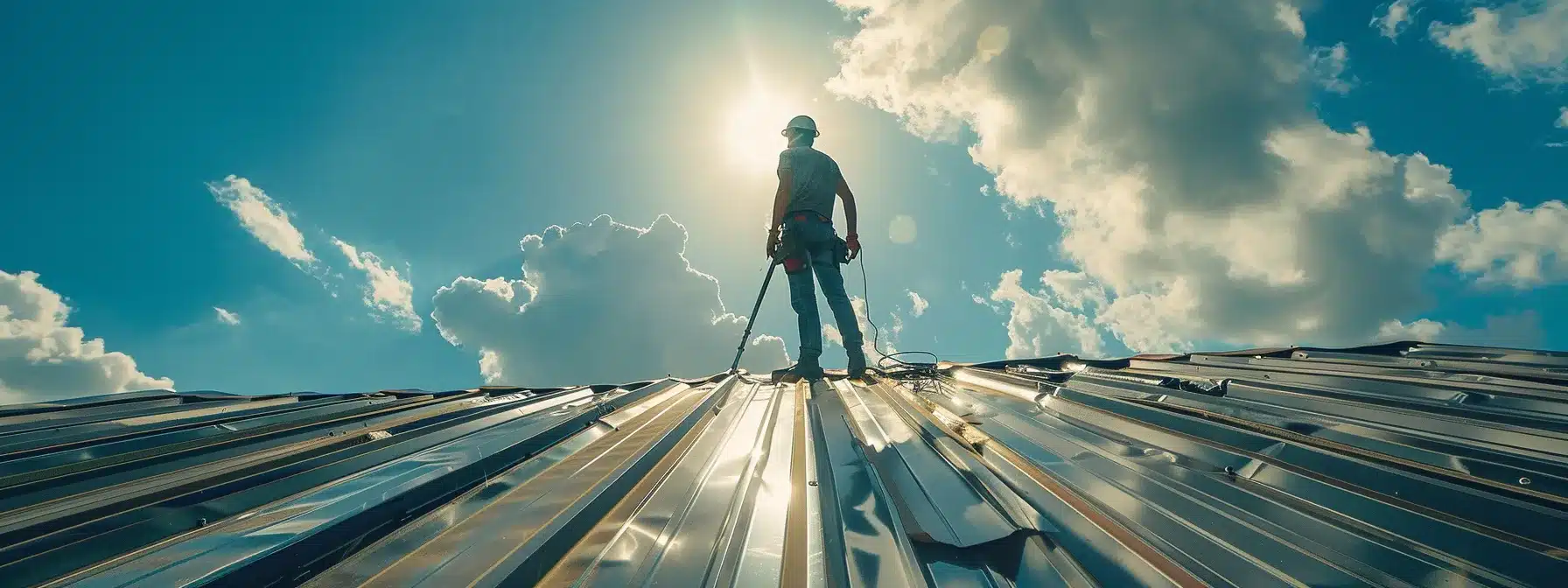 a skilled metal roofing contractor confidently standing atop a sleek, durable metal roof under the florida sun, surrounded by tools and equipment, showcasing expertise and reliability.