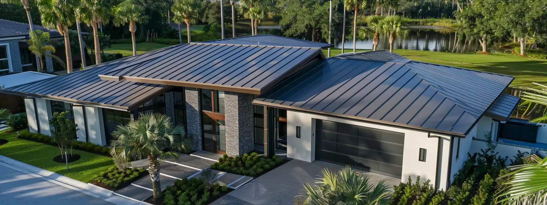 a sleek, modern standing seam roof featuring a mix of gleaming galvalume steel, shiny aluminum panels, luxurious copper accents, and stylish zinc elements glistening in the florida sun.