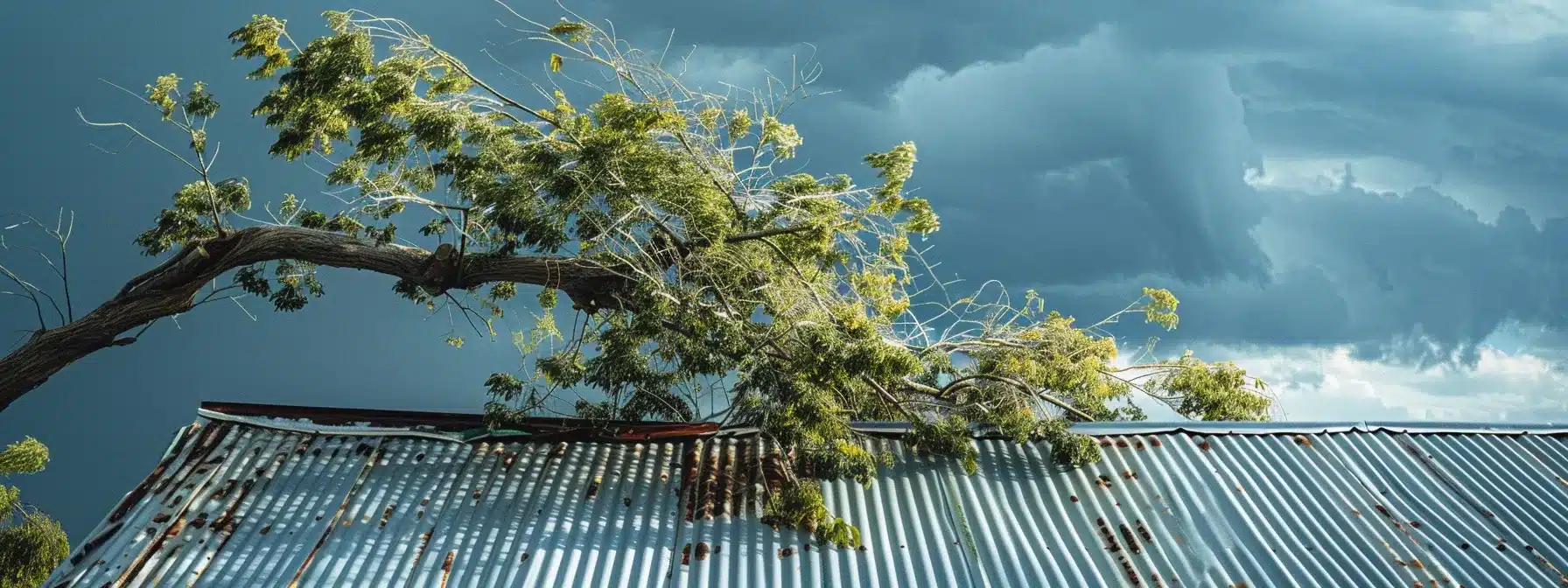 a strong gust of wind bends a tall tree branch dangerously close to a gleaming metal roof, threatening to scratch its surface.