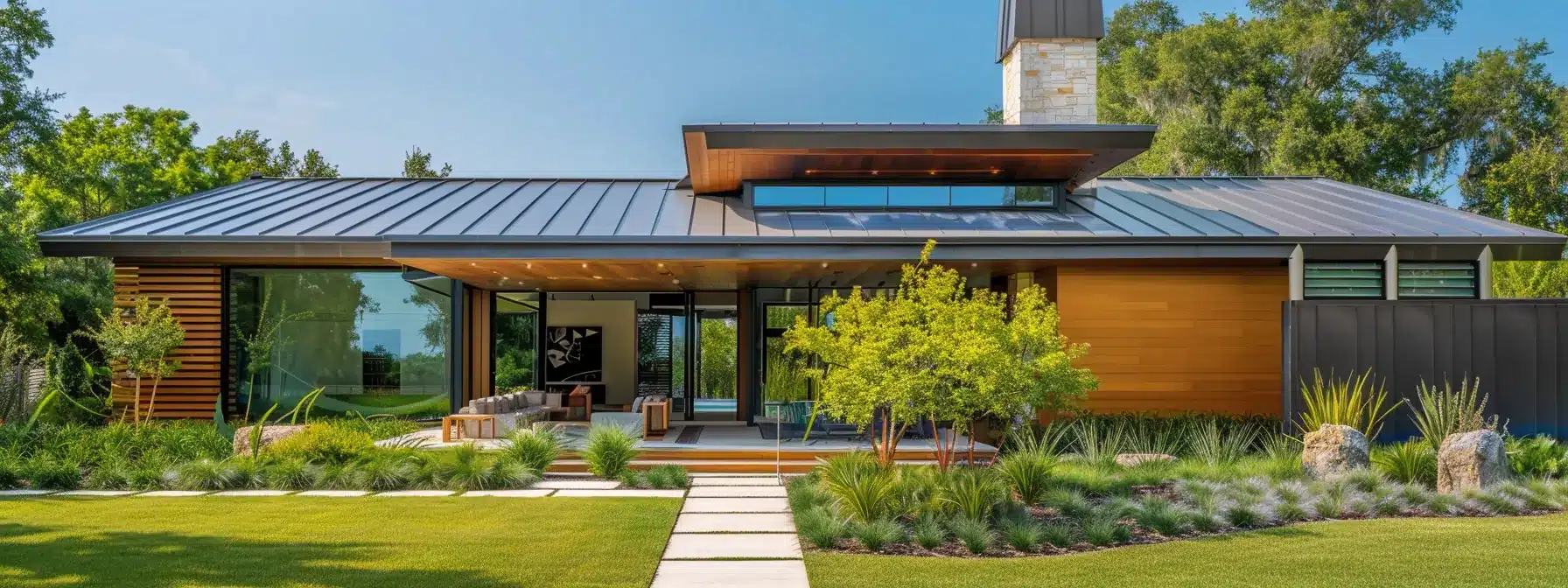 a modern standing seam metal roof shines under the florida sun, contrasting with the traditional architecture of the home below.