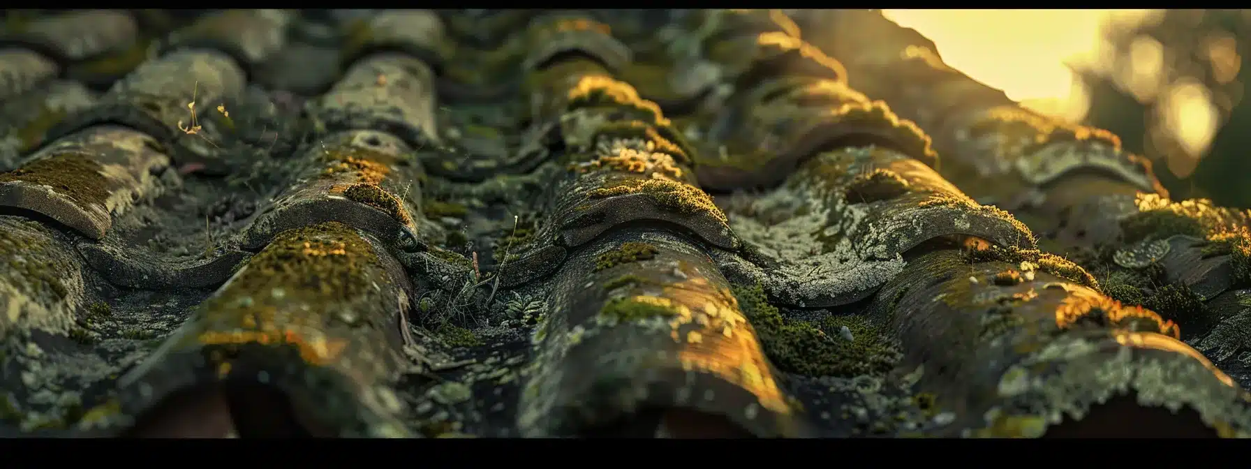a clay roof in florida, covered in mold and showing signs of degradation under the intense sunlight and humidity of the climate.