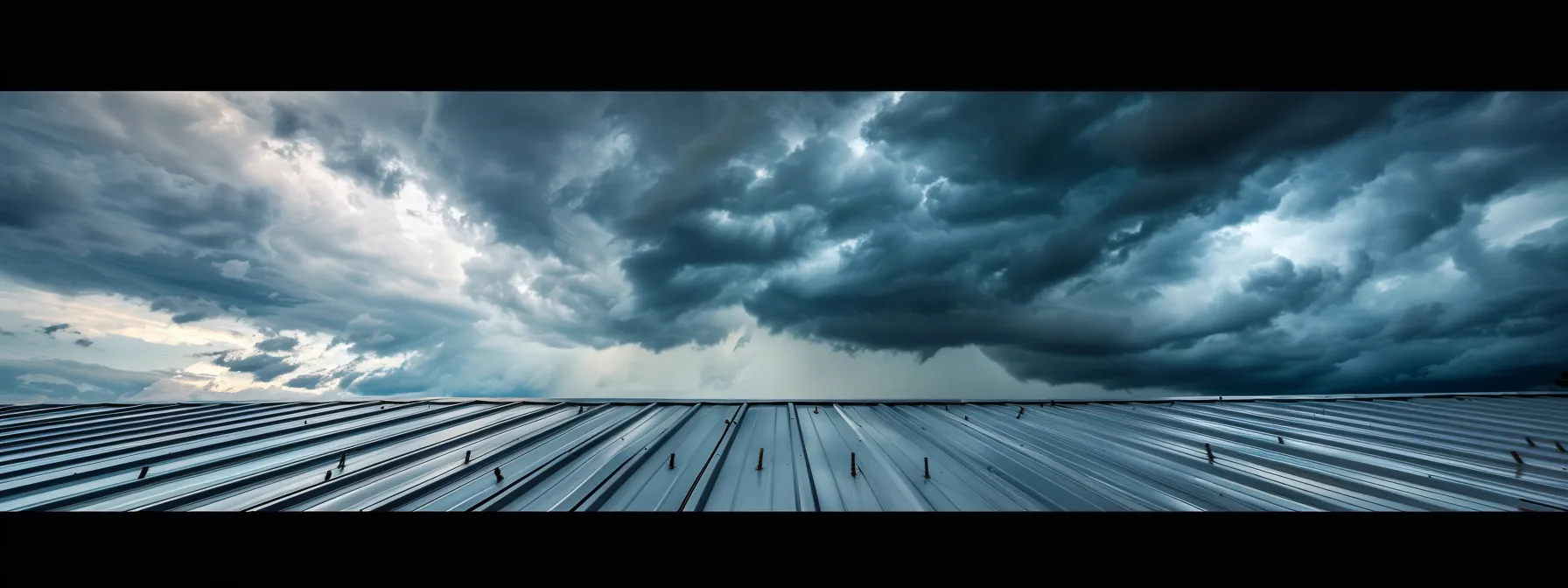a sturdy metal roof being reinforced with secure bolts, under dark storm clouds looming in the background.