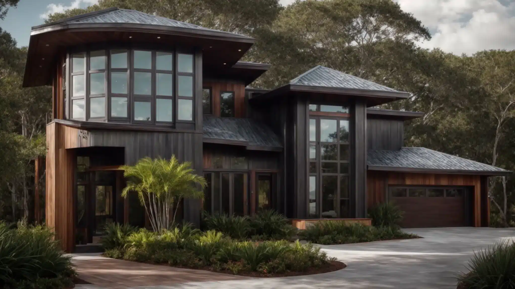 a zinc roof with a beautiful aged patina complements the modern style of a luxurious florida home.