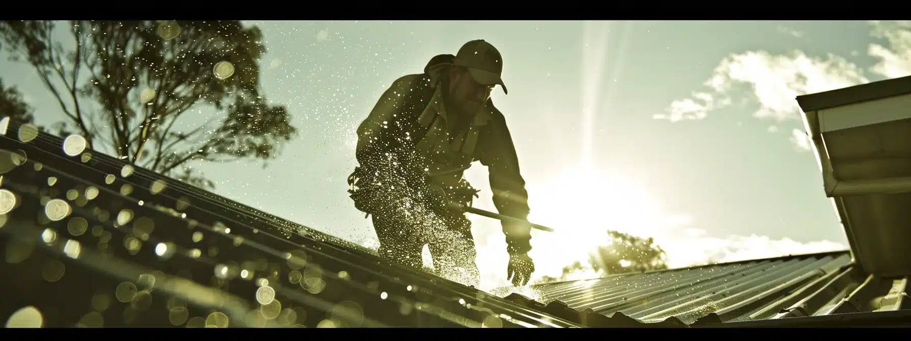 a worker diligently cleaning out gutters on a metal roof under the bright florida sun, ensuring proper drainage over time.