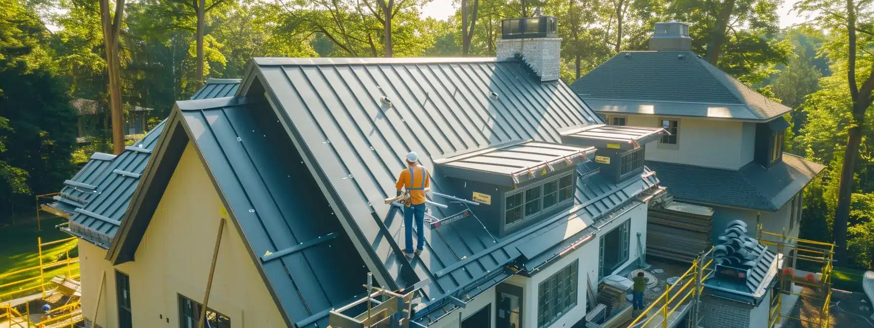 a sleek and modern custom metal roofing installation taking place on a residential home, with workers carefully measuring and prepping the roof for the upgrade.