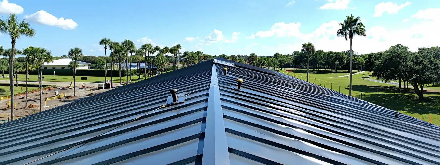 a metal roof being installed in florida under the bright, blazing sun, with workers carefully securing screws to ensure safety and durability amidst the unique climate challenges of the region.
