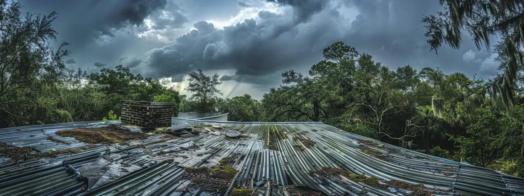 a metal roof covered in debris, with water pooling at the eaves under a dark stormy sky in florida.