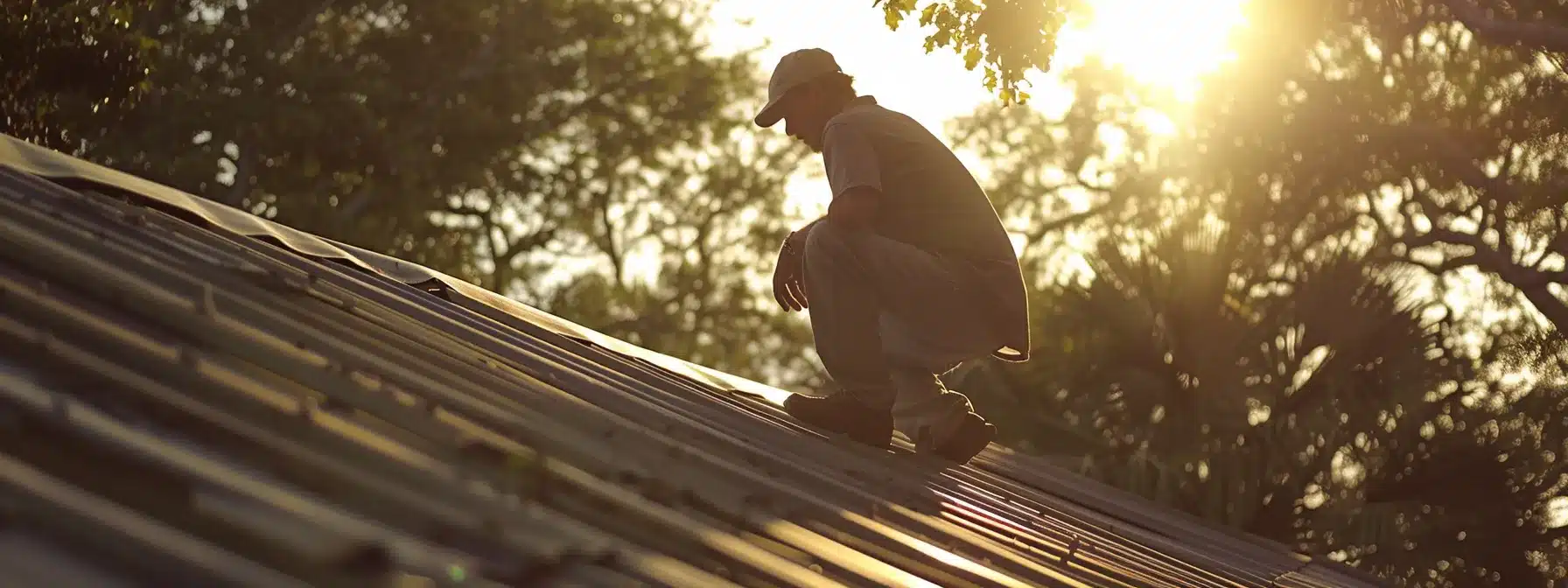 a skilled roofer inspecting a sturdy metal roof under the bright florida sun.