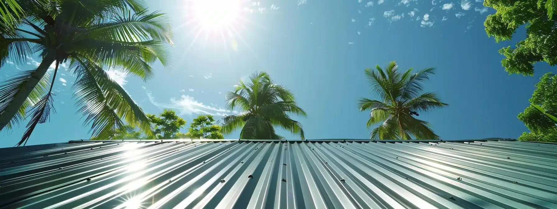 a metal roof gleaming under the intense florida sun, with palm trees swaying in the background.