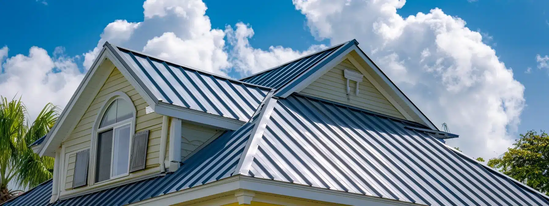a homeowner confidently stands beside a professional roofing expert atop a gleaming metal roof in sunny florida, showcasing the benefits of hiring a specialist for thorough inspections.
