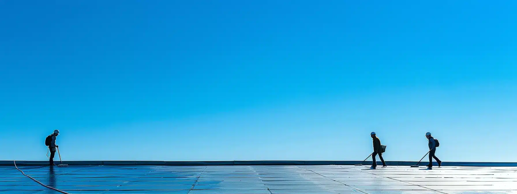 a professional team in hard hats expertly cleaning a pristine roof against a bright blue sky.