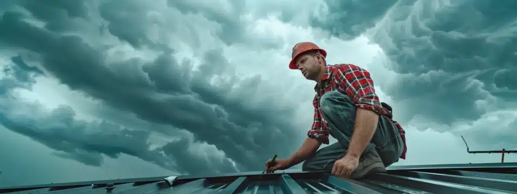 a skilled metal roofing contractor inspecting and repairing a sturdy roof under ominous, stormy skies.