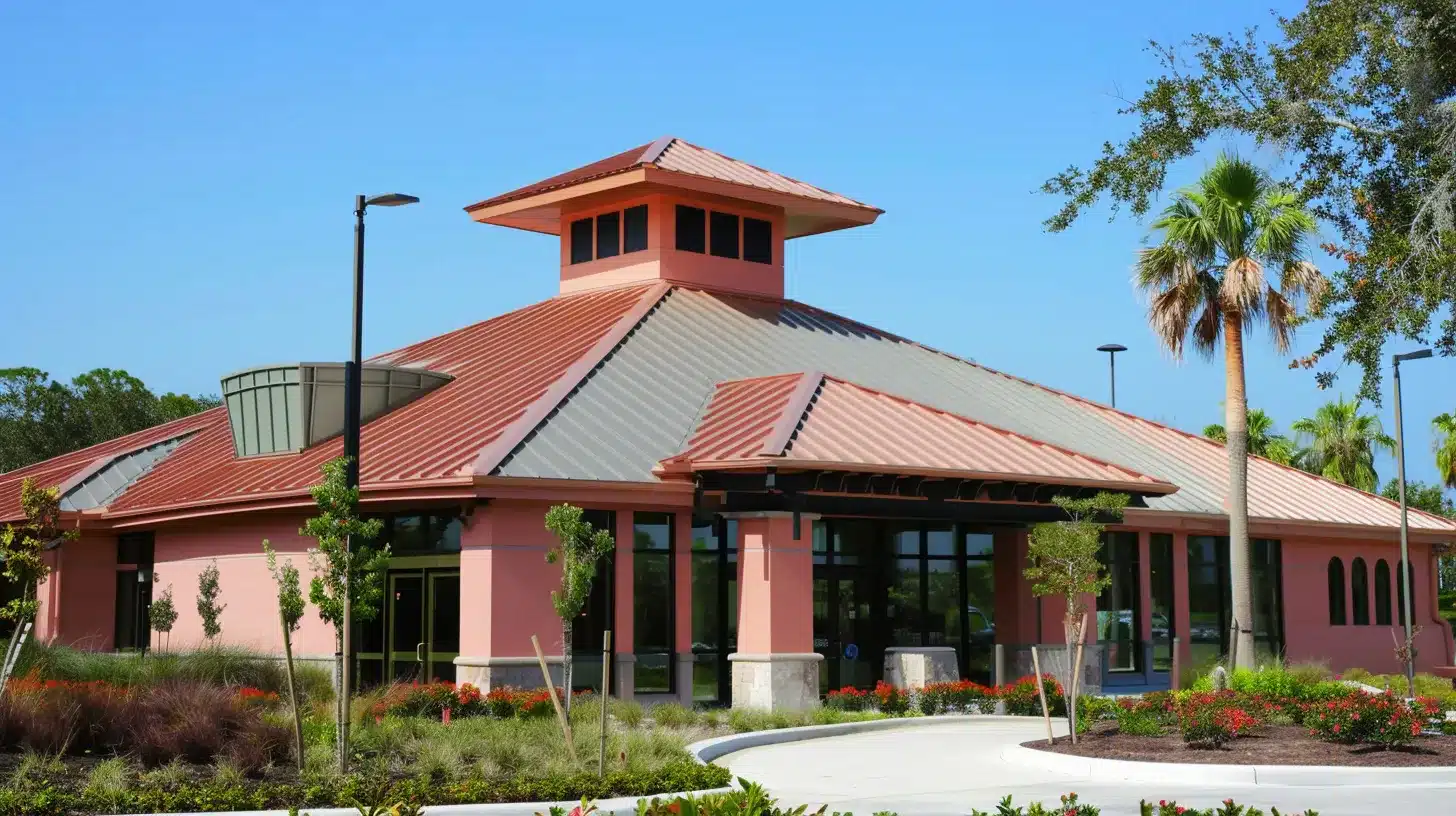 a gleaming metal roof coated with pvdf and smp finishes glistens under the intense sun of southwest florida, showcasing its strong defense against corrosion.