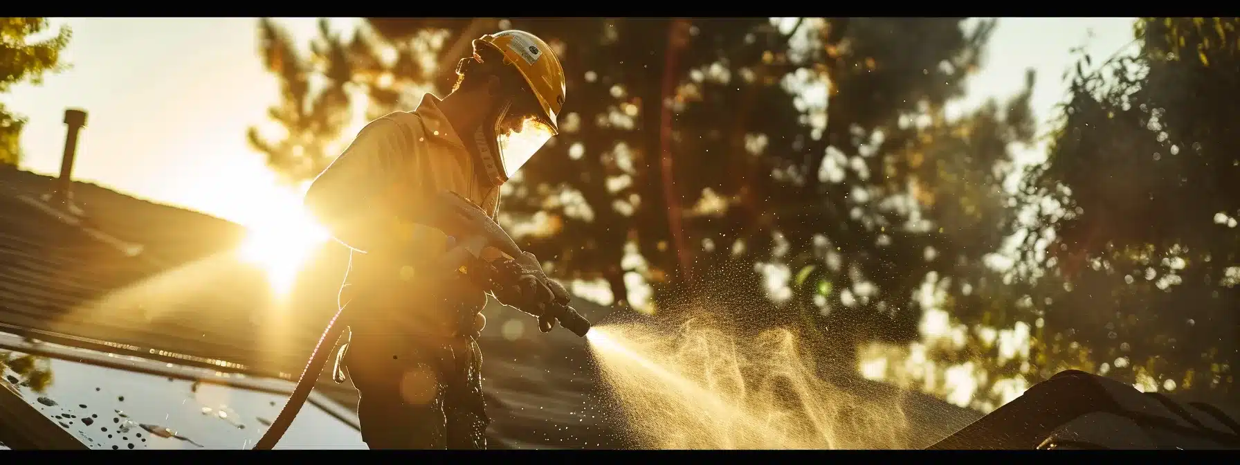 a person wearing safety goggles and gloves, using a power washer to clean a shiny metal roof under the bright florida sun.