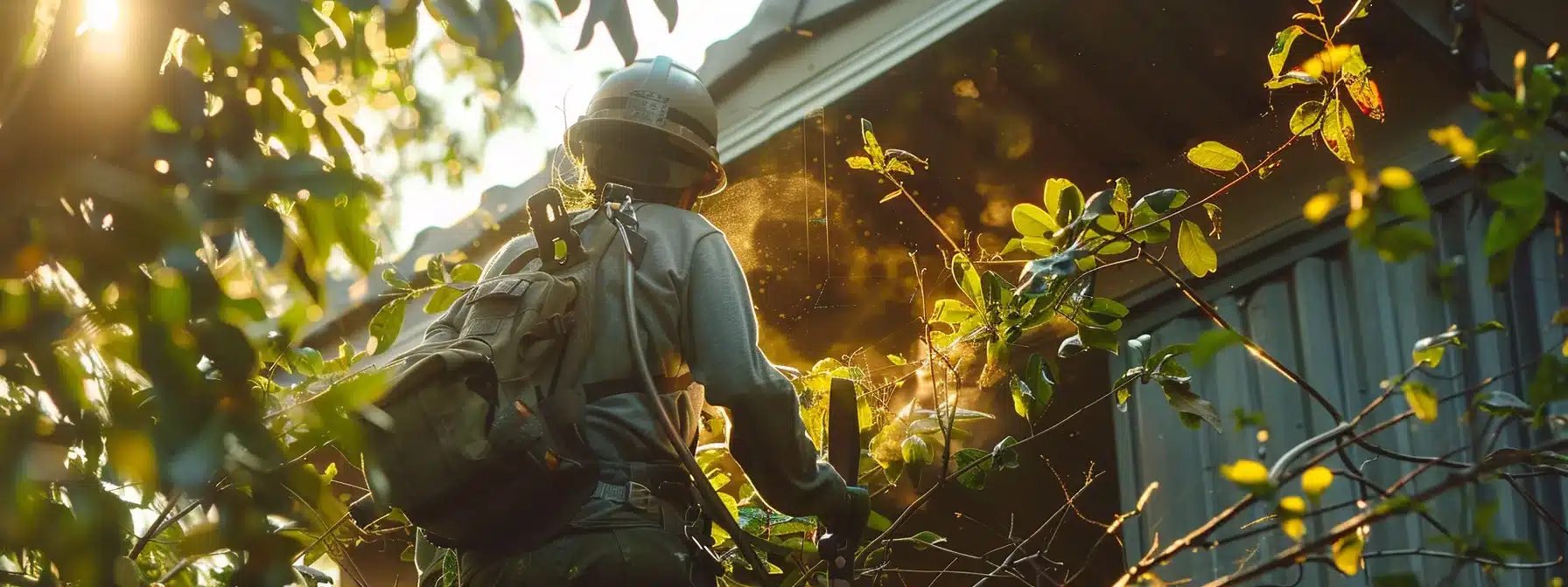 a person wearing a sturdy helmet and safety harness while using a long pruning tool to trim branches near a metal roof.