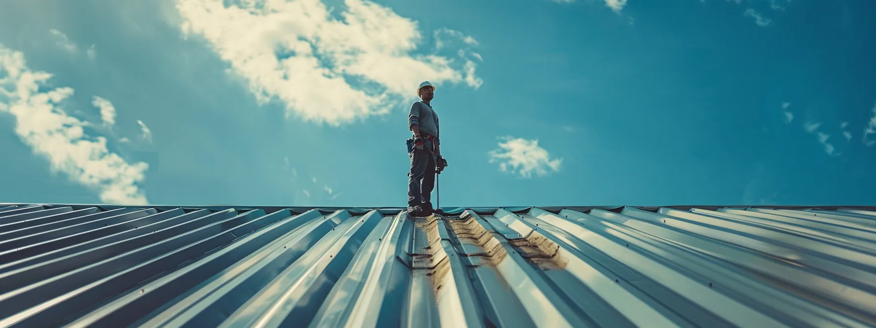 a roofing contractor inspecting a metal roof under the bright florida sun, carefully examining fasteners, seams, and sealants for signs of wear.