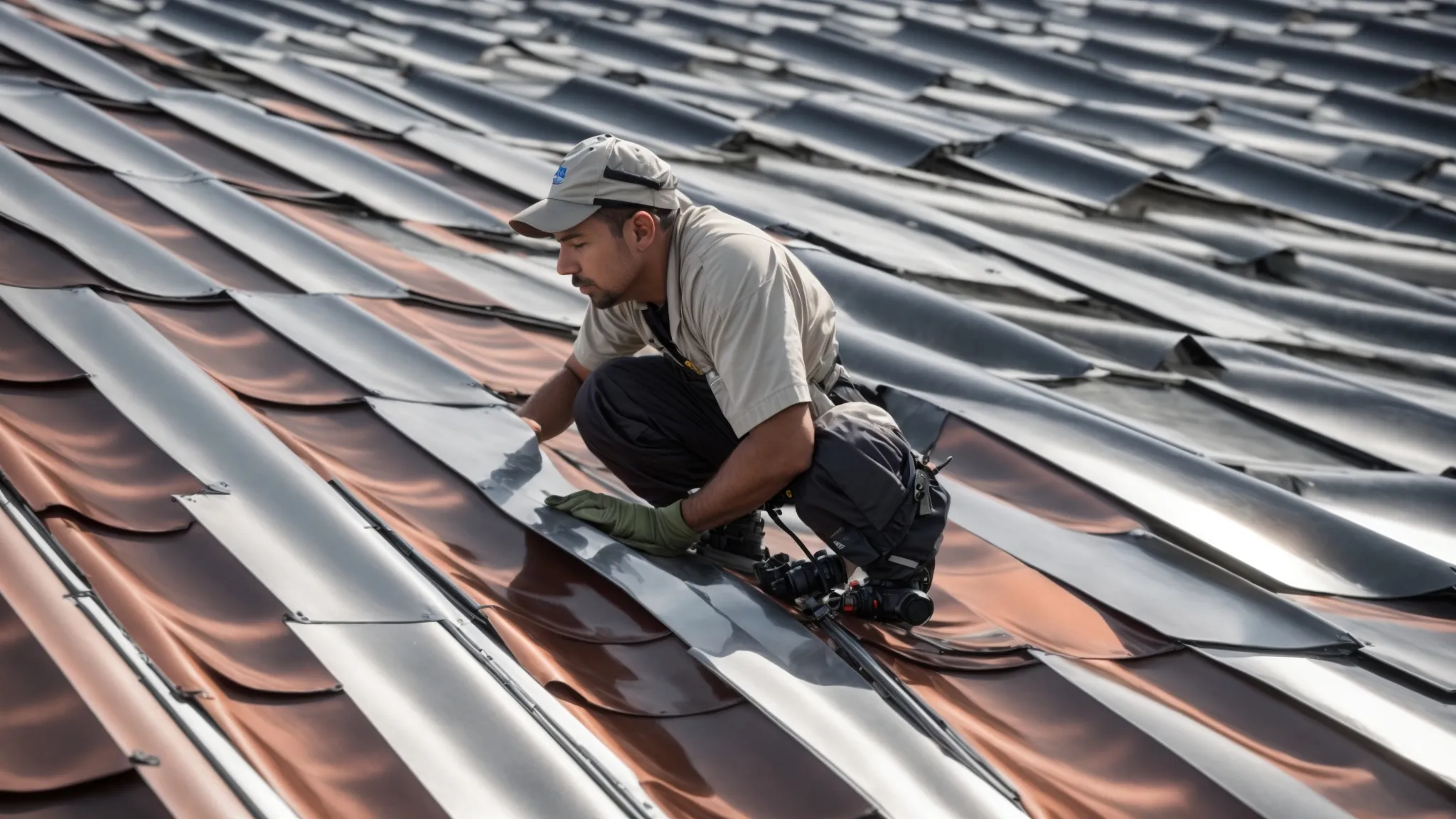 a skilled roofer carefully fastens metal roofing panels under the hot florida sun, ensuring a secure fit and protection against moisture intrusion.