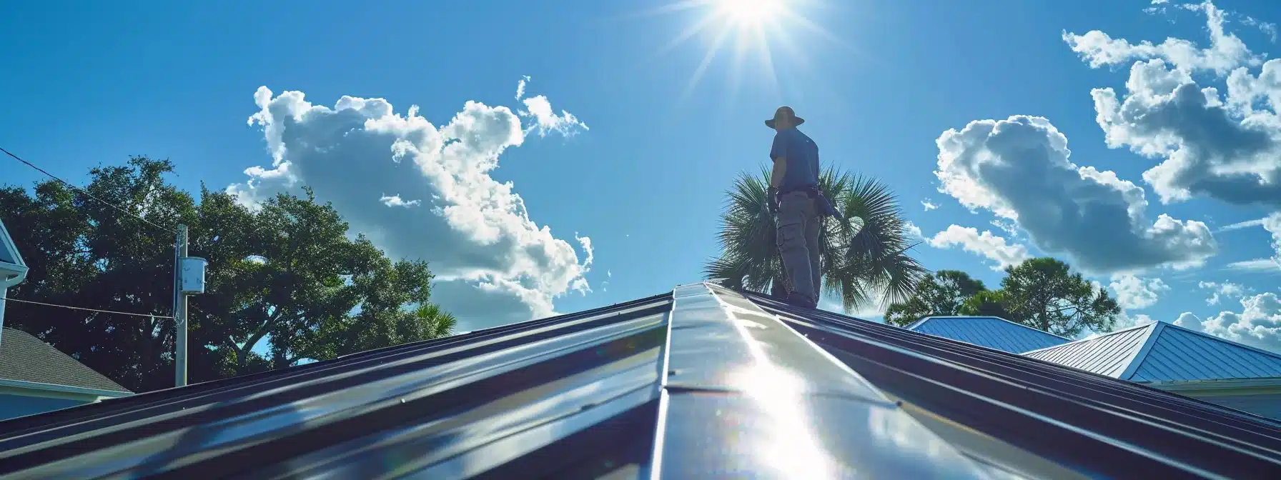 a professional roofer inspecting a shiny metal roof under the bright florida sun, ensuring its longevity and durability.
