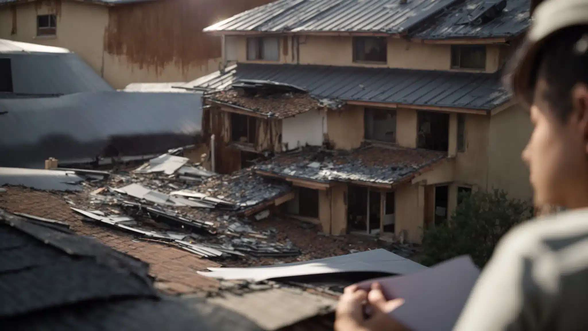 a homeowner inspecting a damaged metal roof, surrounded by various repair materials and a stack of insurance documents.