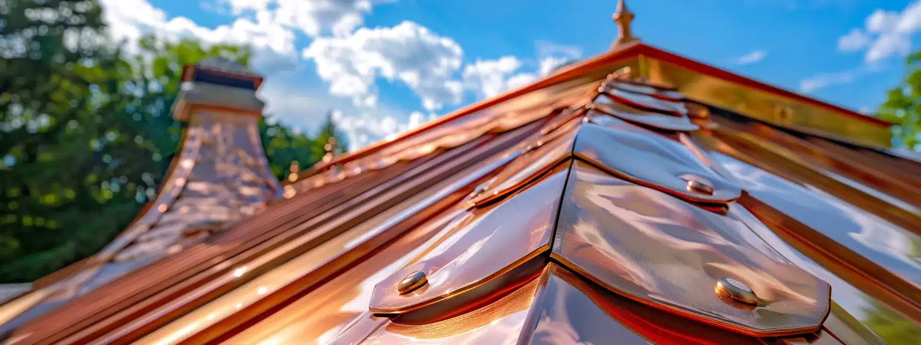 a skilled copper roofing contractor carefully inspecting a beautiful copper roof under the bright florida sun.