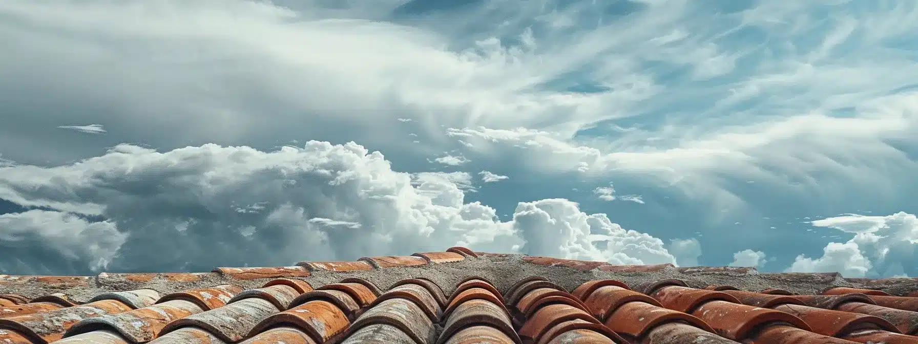 a clay roof baked under the scorching florida sun, with storm clouds looming in the distance.