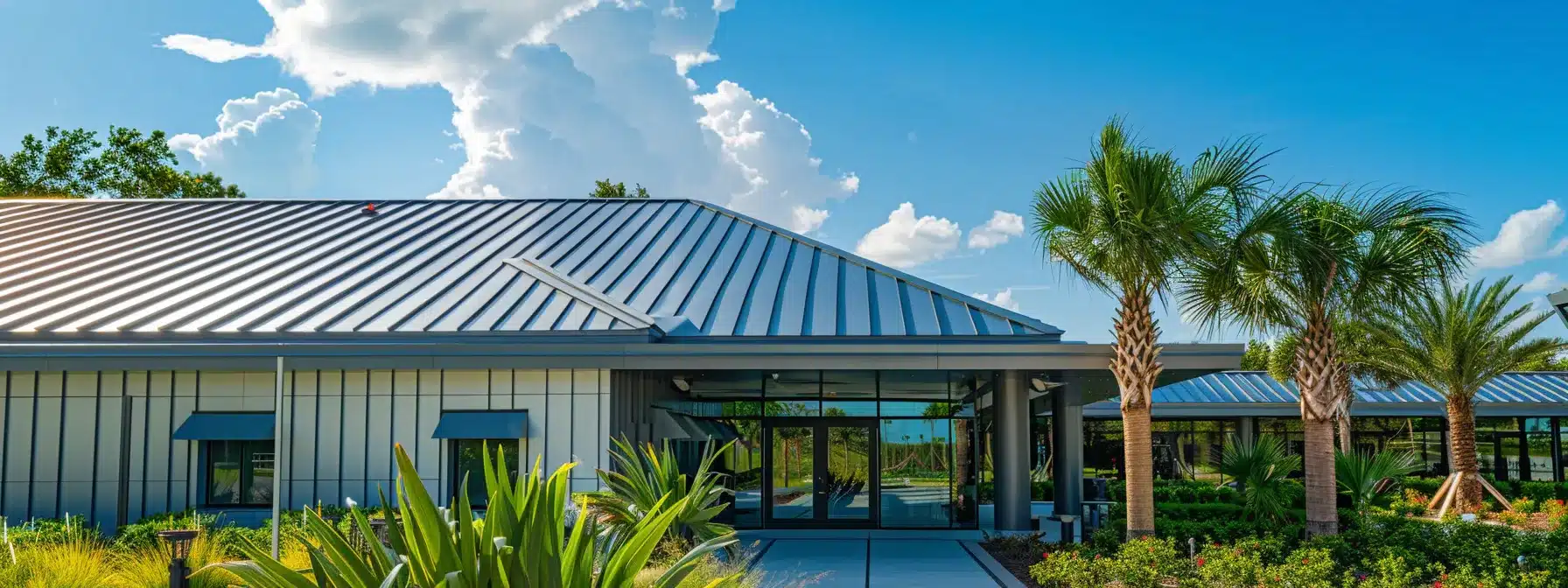 a glistening stainless steel roof shining brightly under the florida sun, showcasing durability and resilience against the unique weather challenges of the state.