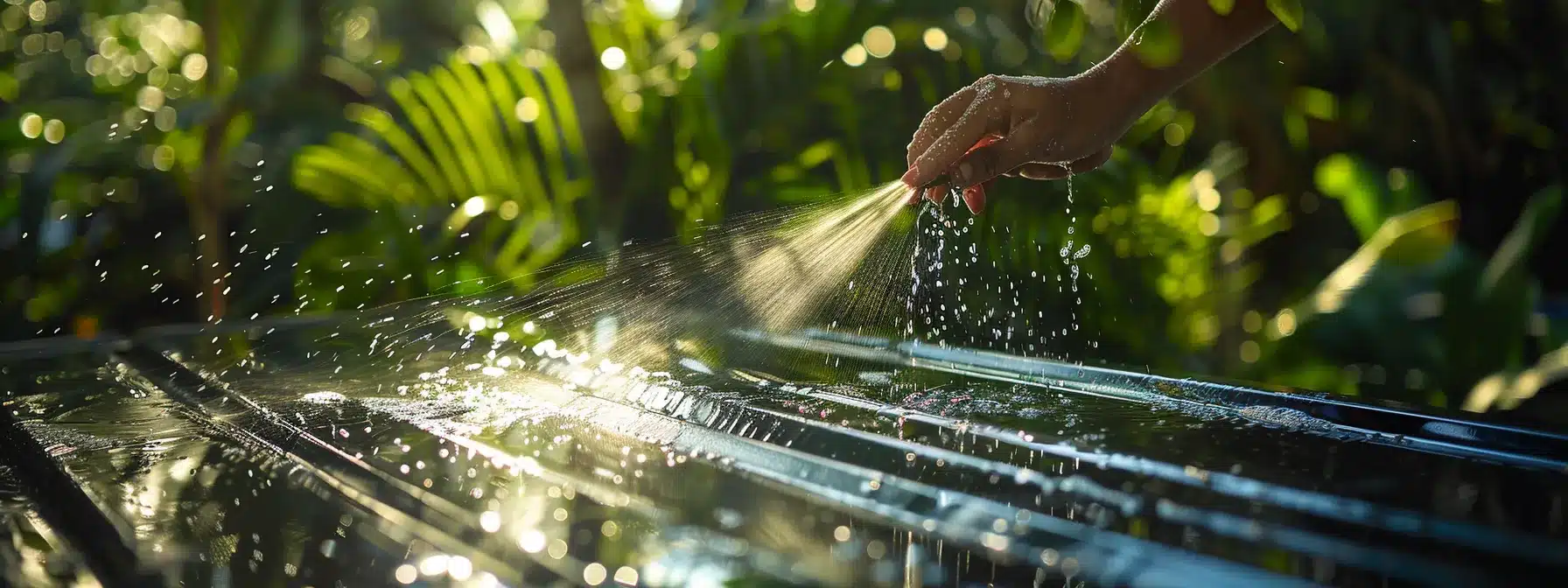 a person using eco-friendly cleaning products to clean a metal roof under the florida sun, with lush green vegetation in the background.