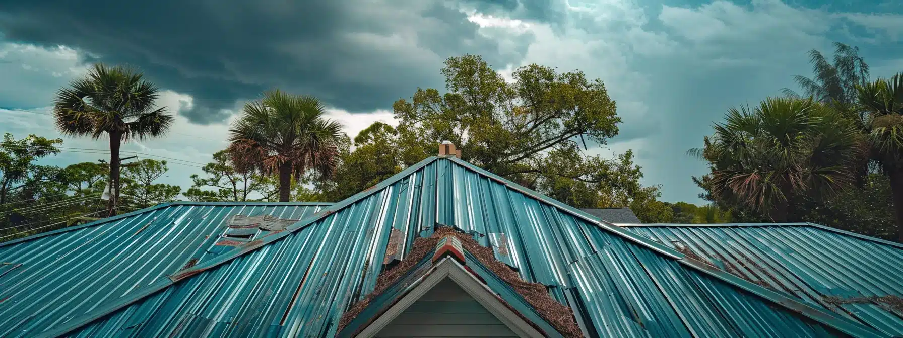 a sturdy metal roof being tested against strong winds and debris in florida's unpredictable weather.