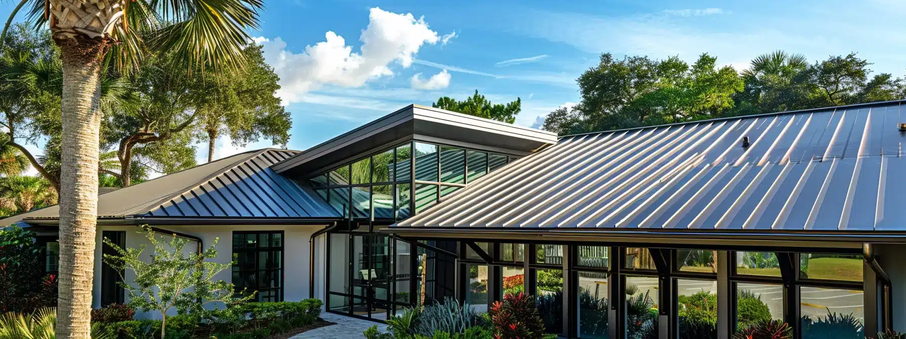 a striking zinc metal roof glistening under the bright florida sun, showcasing its durable and environmentally friendly qualities.