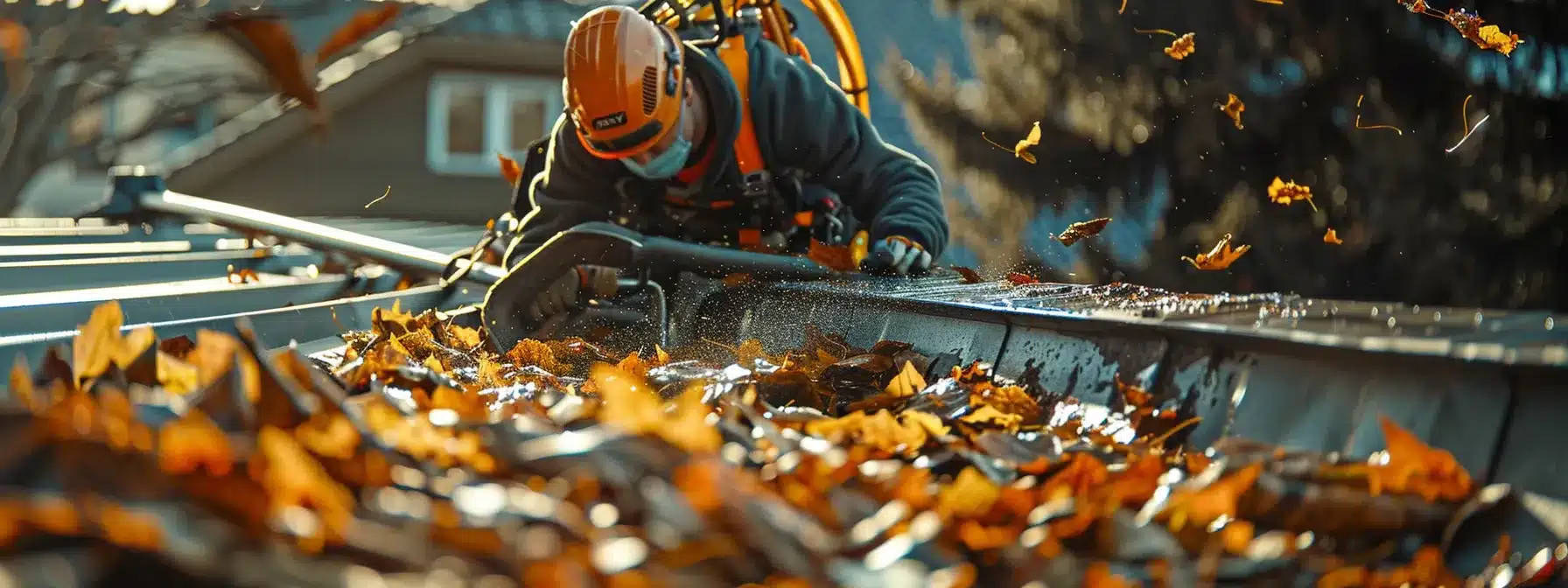 a worker in a safety harness busy removing a pile of leaves and debris from a metal roof, ensuring proper drainage and protection against severe weather.