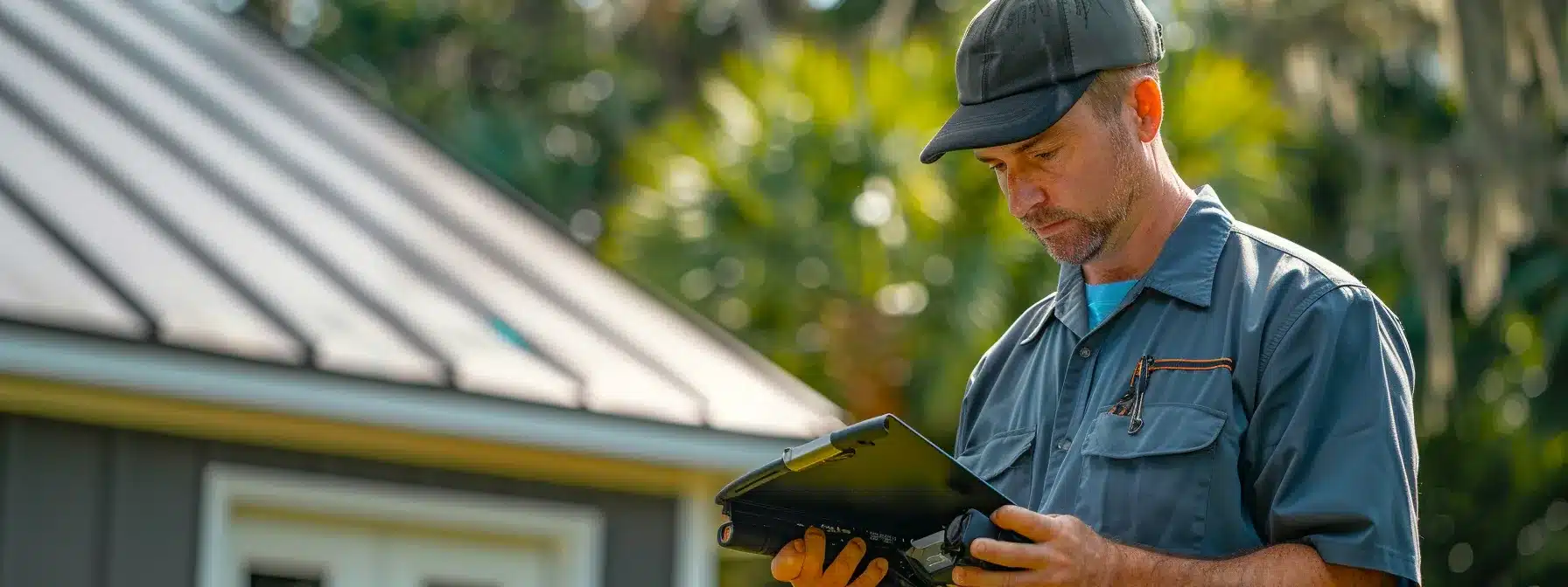 a homeowner reviewing a portfolio of completed metal roofing projects in florida, showcasing durable and reliable installations under the unique climate conditions.