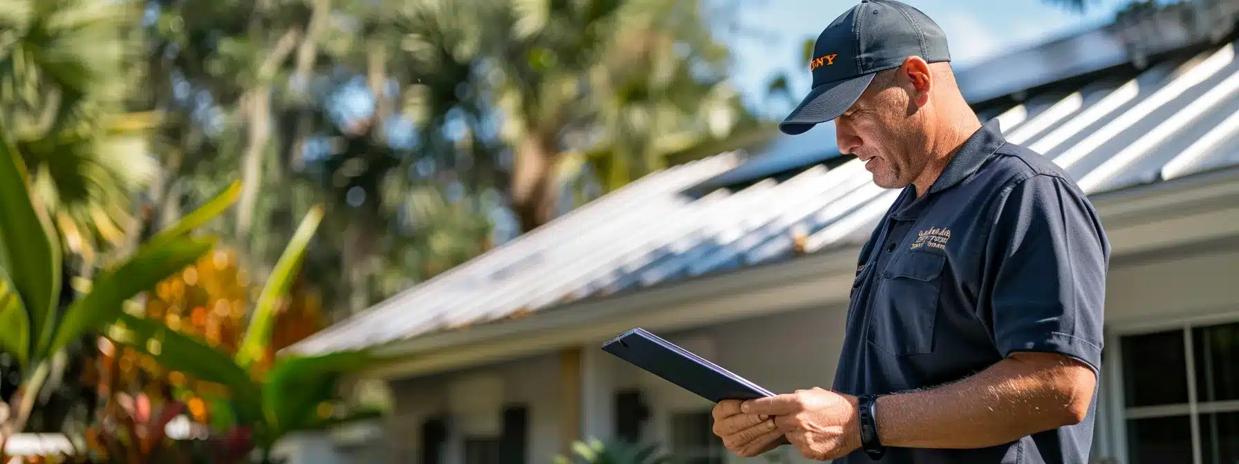 a homeowner examining a stack of state licenses, online reviews, and awards while standing next to a sleek metal roof sample in a sunny florida backyard.