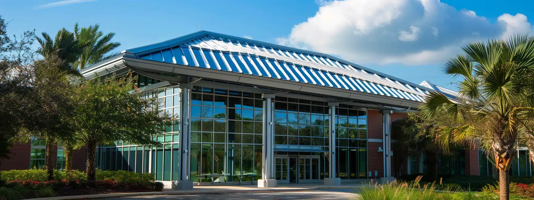 a gleaming aluminum roof shines brightly under the florida sun, showcasing its lightweight and corrosion-resistant properties.