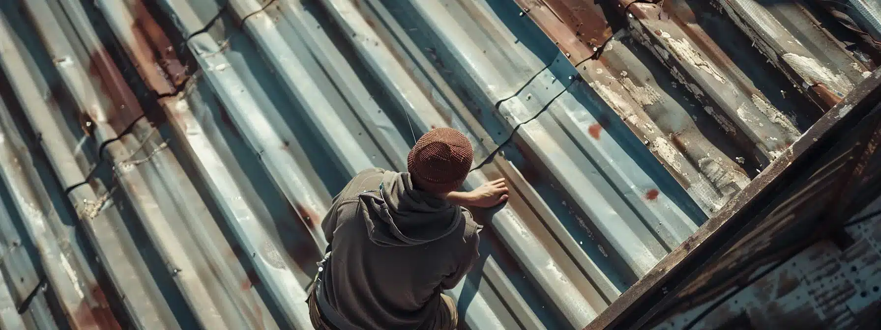 a professional inspecting a metal roof in florida, spraying protective coatings to combat rust and ensure longevity.