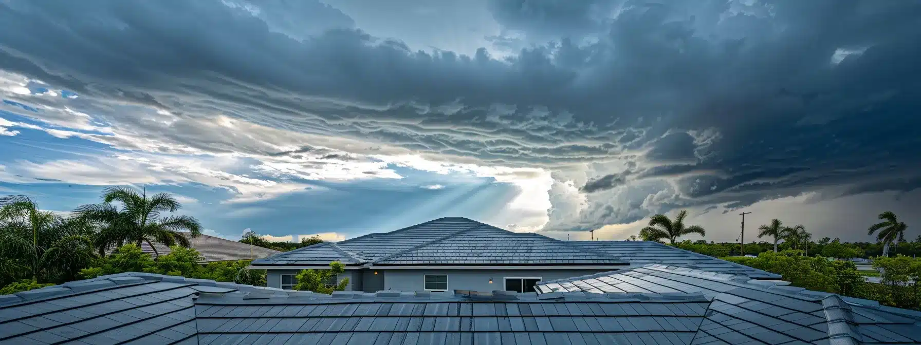 a stone coated steel roof standing strong in the midst of a powerful florida hurricane, showcasing its exceptional durability against extreme weather conditions.