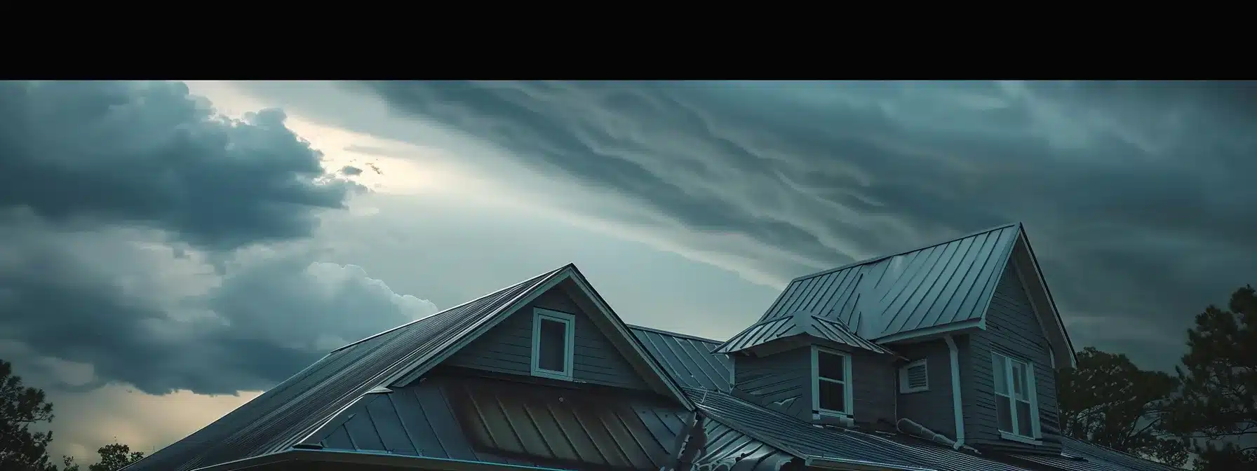 a metal roofing installation in florida with weatherproof sealants applied amidst a stormy backdrop, showcasing durability and protection against moisture and strong winds.