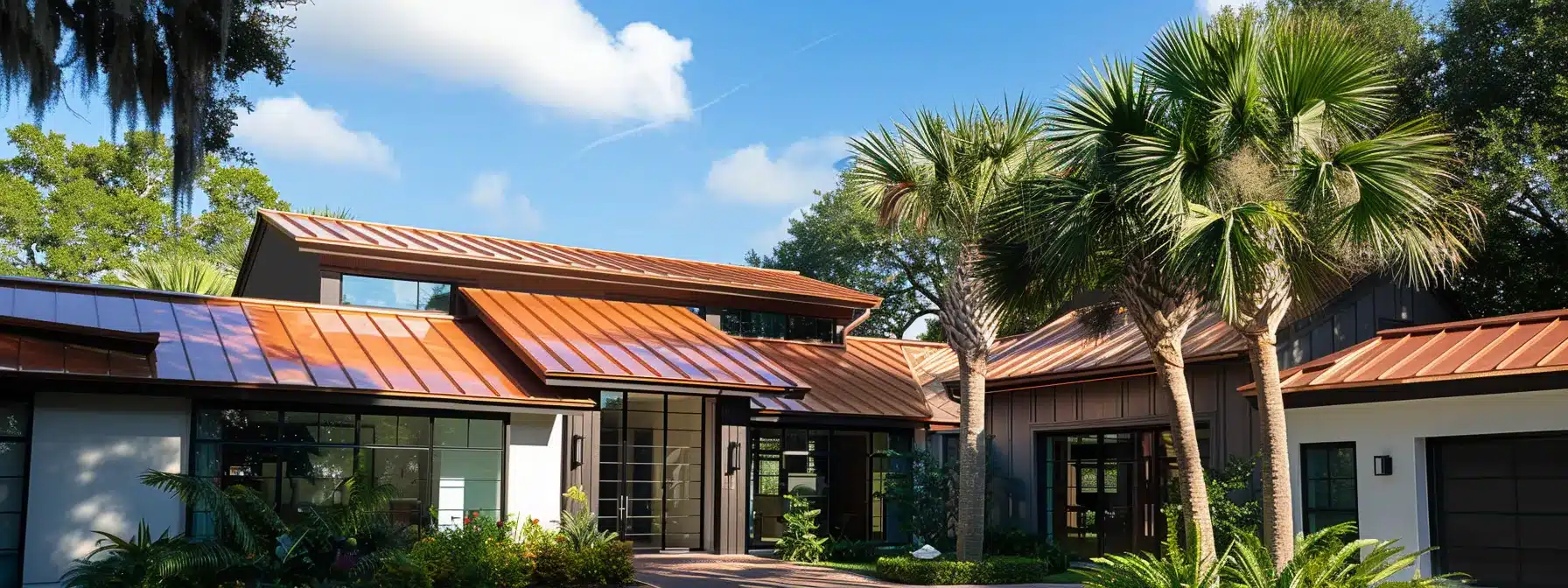 a gleaming copper roof stands proudly atop a modern florida home, reflecting the sunlight and showcasing its eco-friendly durability.