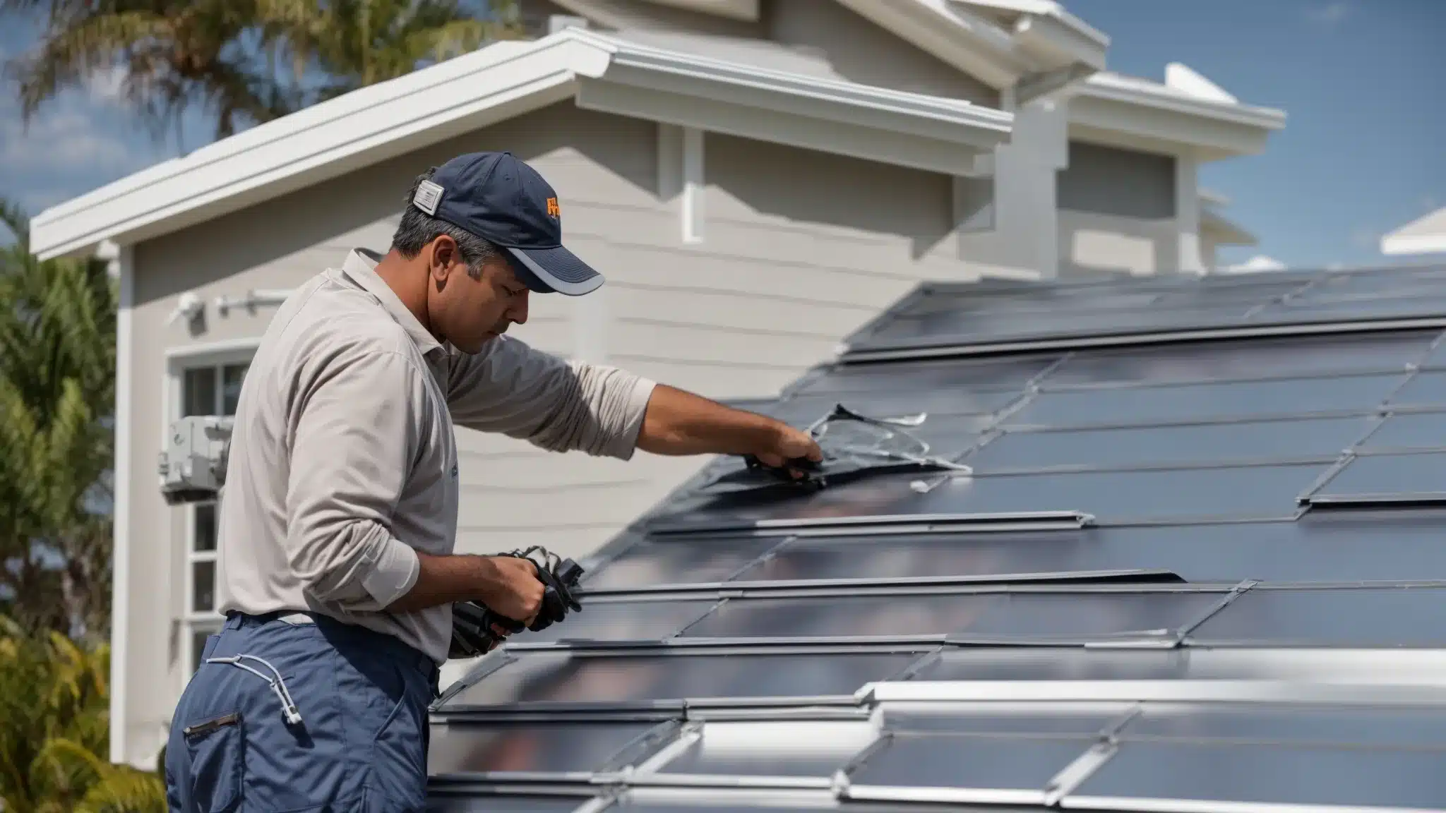 a skilled zinc roofing contractor carefully installing durable zinc metal roofing on a sunny florida home.