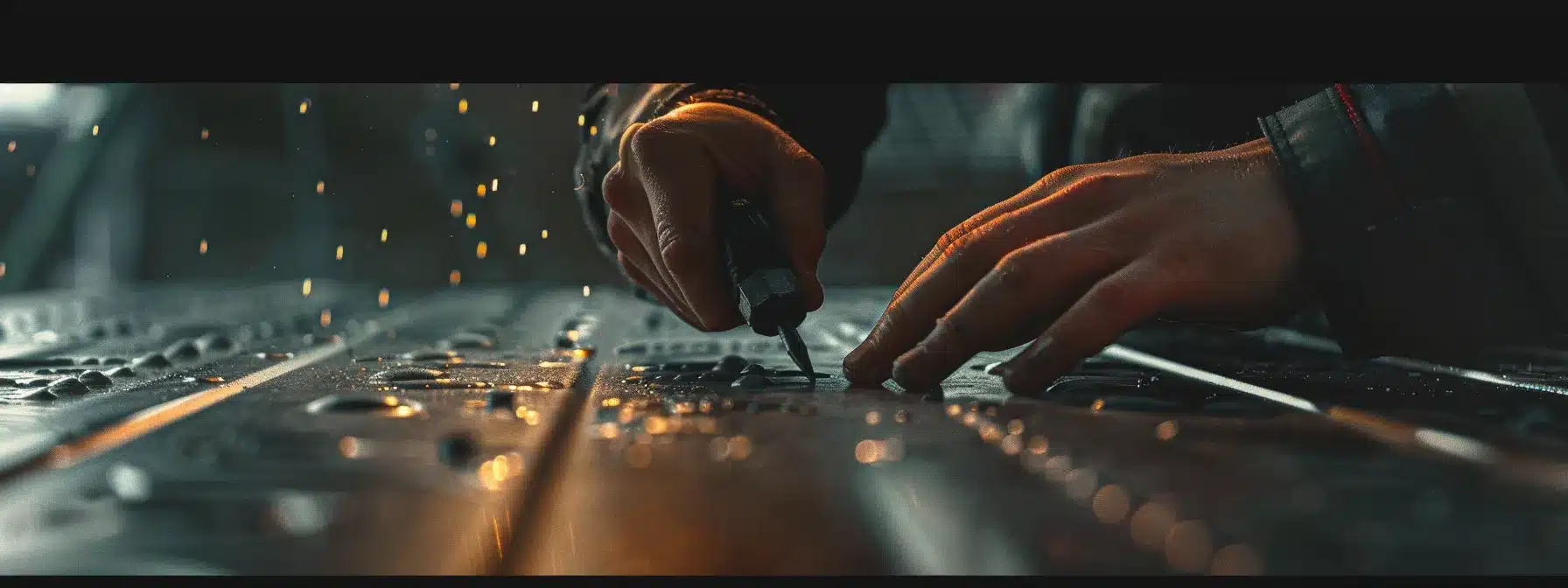 a close-up shot of a person using a power tool to tighten screws on a metal roof in preparation for hurricane season.