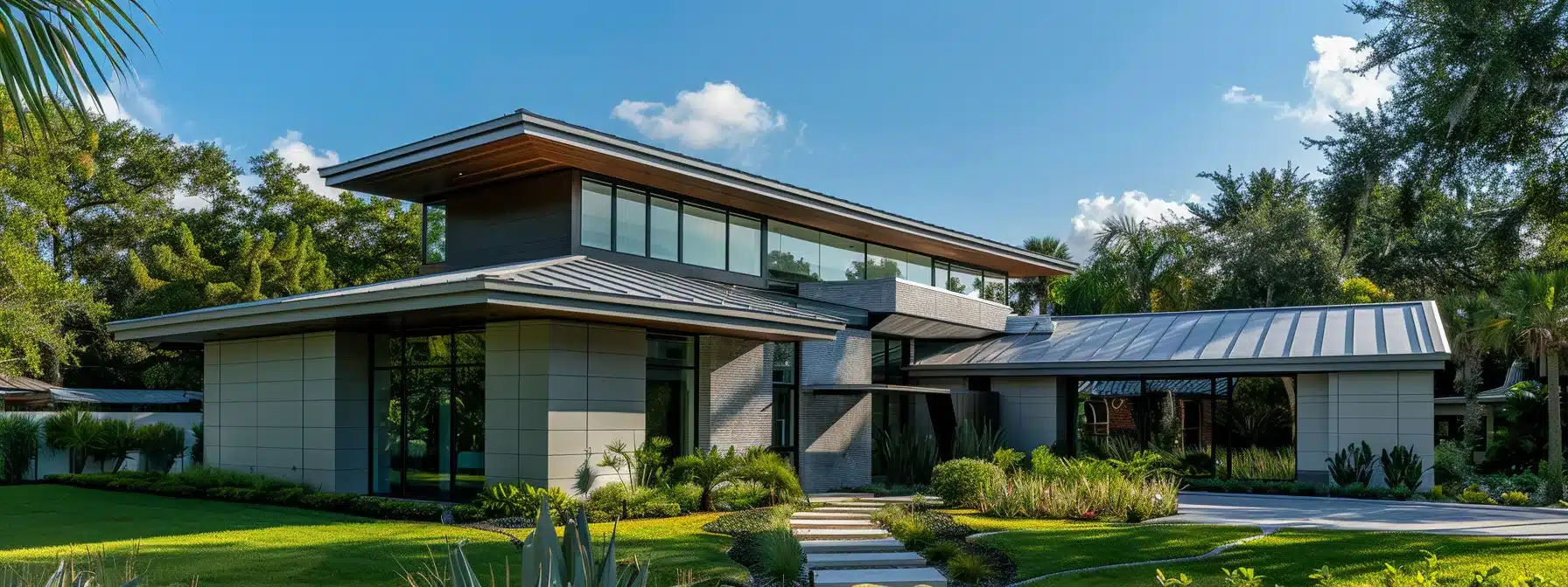 a sleek and modern galvanized steel roof shines under the florida sun, providing durability, energy efficiency, and fire resistance for a secure and stylish home.